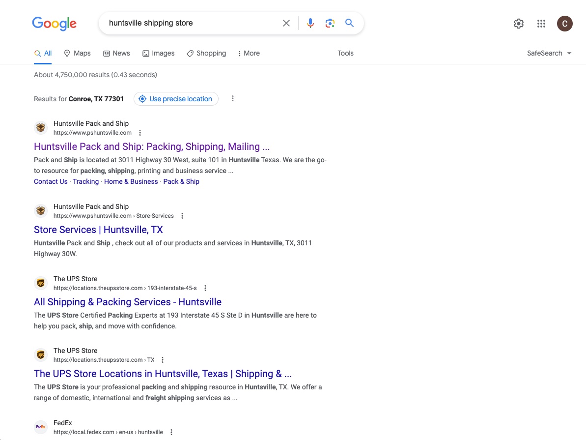 Huntsville Pack & Ship SEO Results